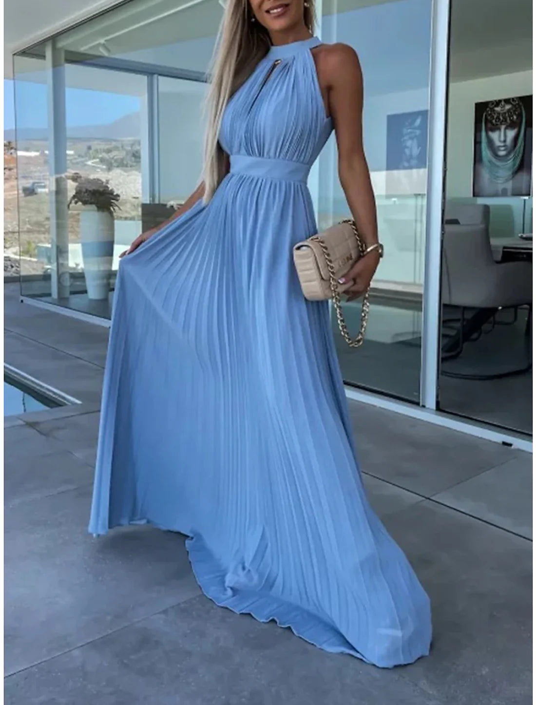 Luolandi Women's Long Dress Maxi Dress Party Dress Casual Dress Summer Dress Pure Color Streetwear Casual Outdoor Holiday Going out Ruched Pleated Sleeveless Halter Neck Dress Slim Pink Blue
